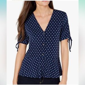 Michael Kors Navy Blue Polka Dot Tie Sleeve Peplum V Neck Blouse